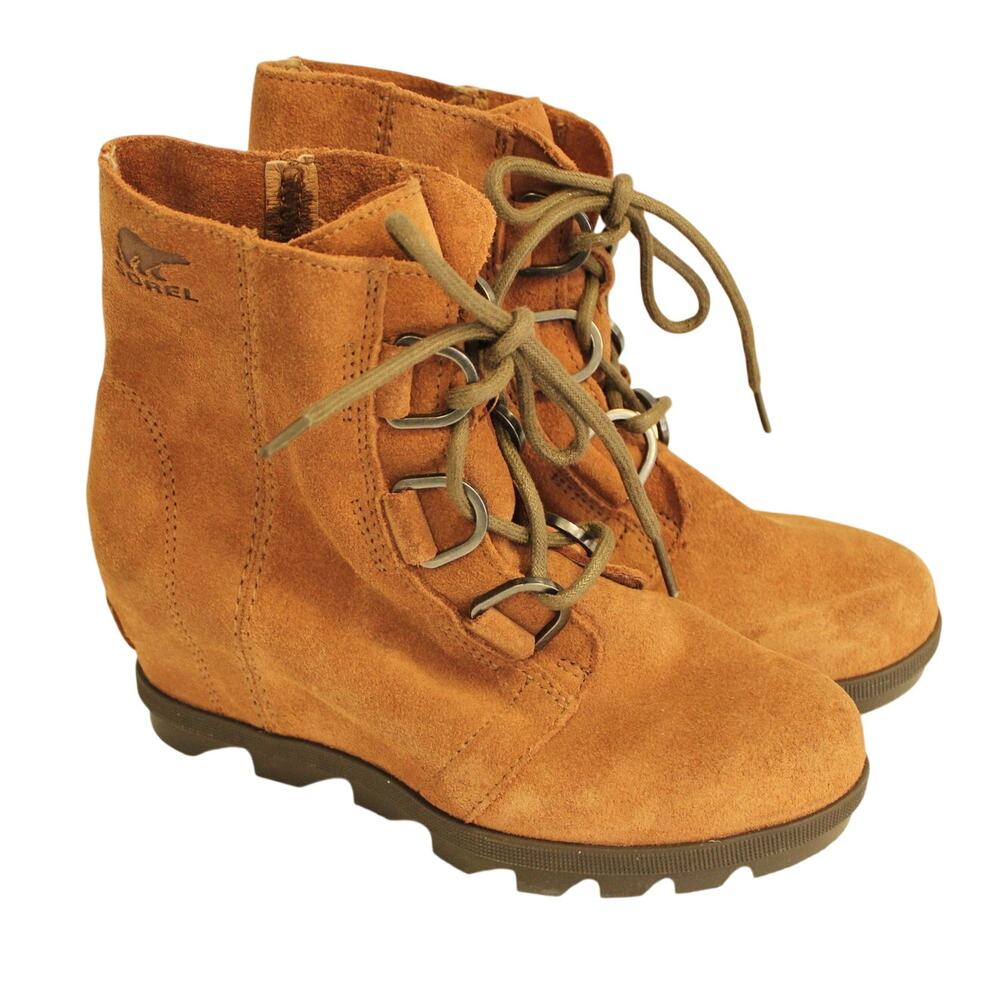 Sorel Joan of Arctic Boot Size 3 Tan Leather Wedge Heel Lace Up Booties Excellnt